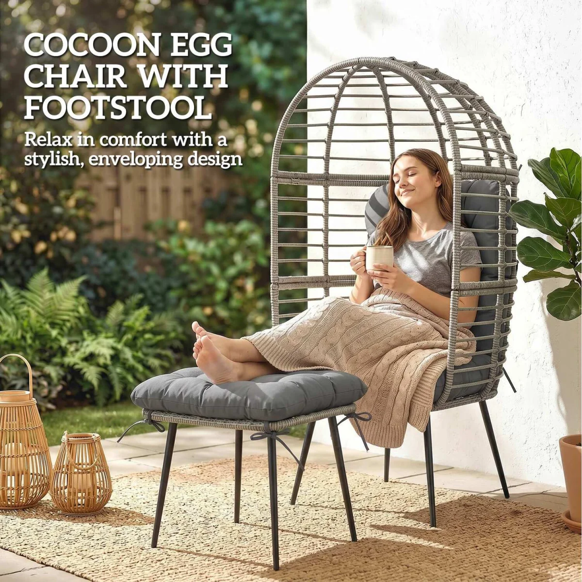 Outsunny Standing Egg Chair with Footstool and Cushion - Light Grey – image 7