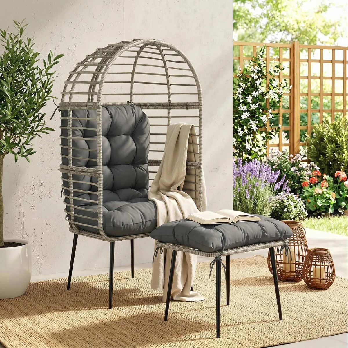 Outsunny Standing Egg Chair with Footstool and Cushion - Light Grey – image 1