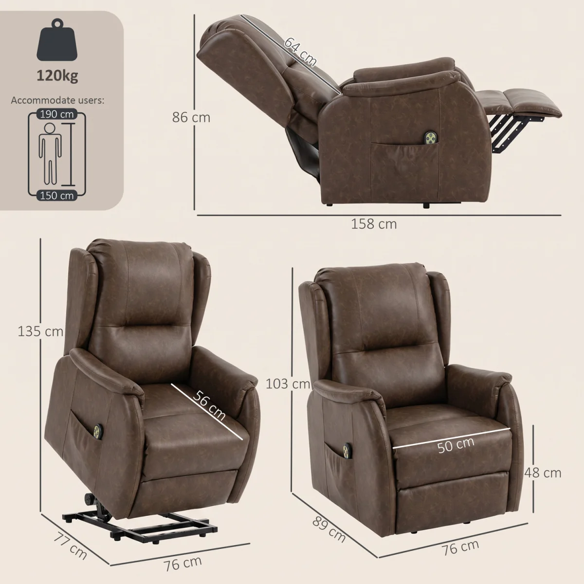 HOMCOM Power Lift Recliner Chair Dual Motor - Brown – image 8