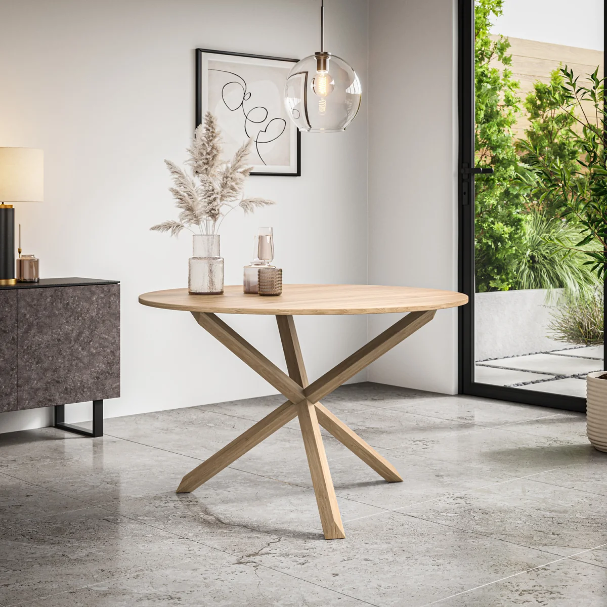 Malvern Oak Effect Top W Oak Leg Round Table & 4 Raye Velvet Chairs - Mustard – image 2