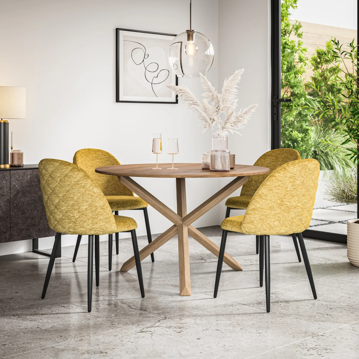 Malvern Oak Effect Top W Oak Leg Round Table & 4 Raye Velvet Chairs - Mustard – image 1