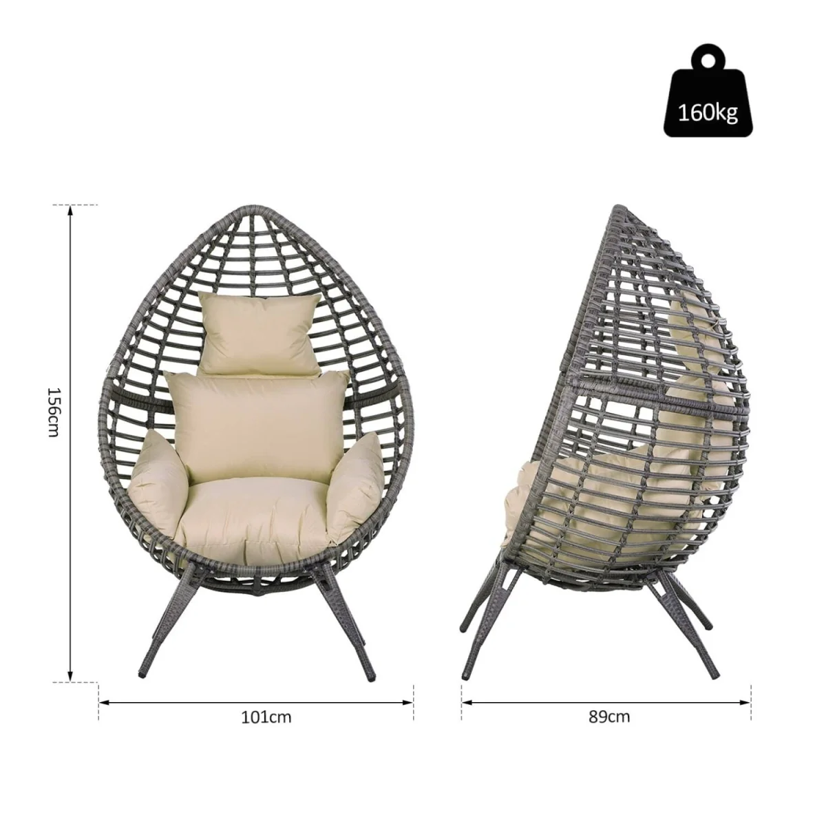 Elpale Grey Rattan Teardrop Egg Chair with Cream Cushion – image 2