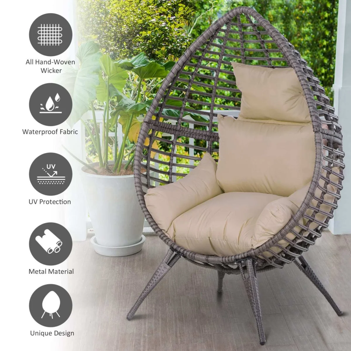 Elpale Grey Rattan Teardrop Egg Chair with Cream Cushion – image 4