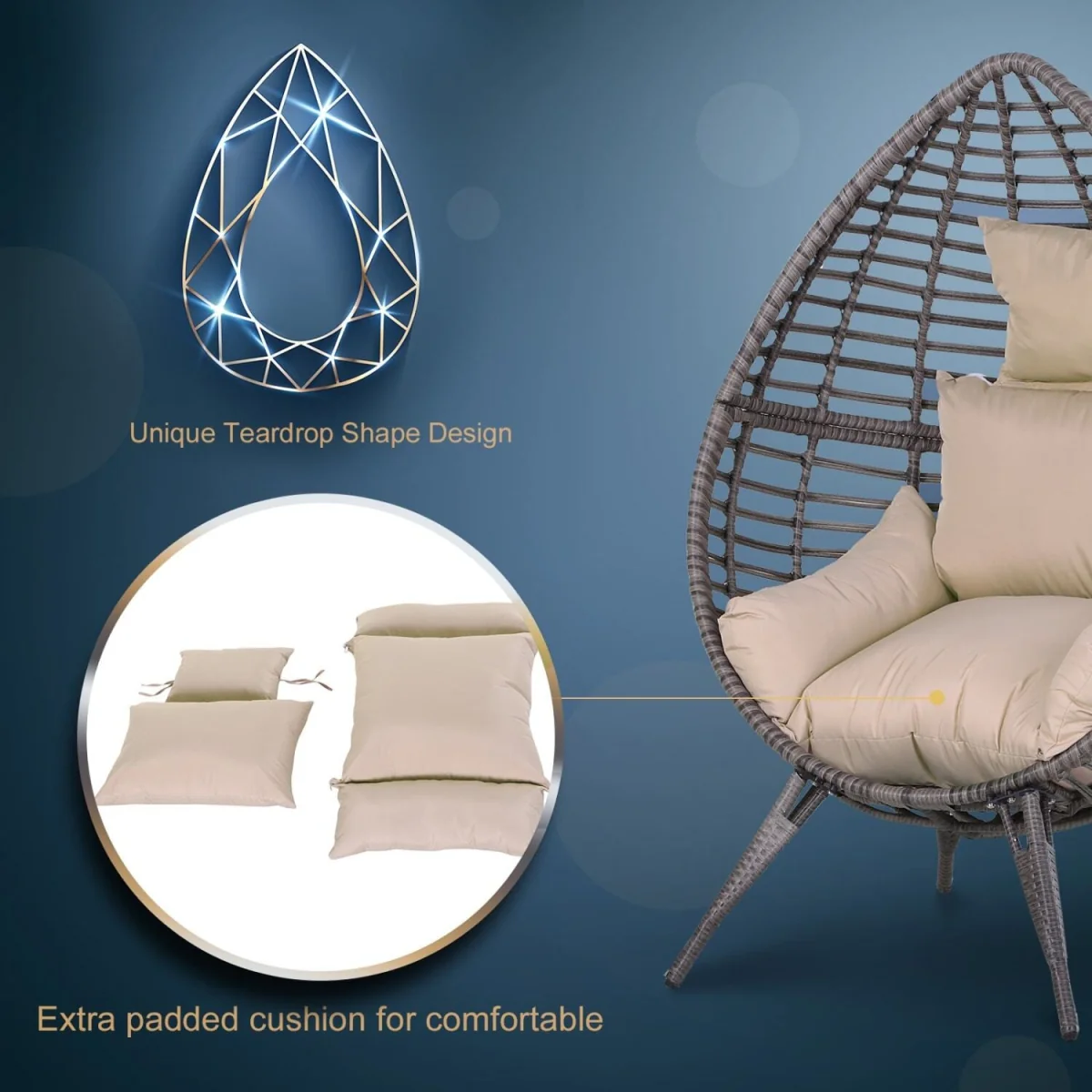 Elpale Grey Rattan Teardrop Egg Chair with Cream Cushion – image 5