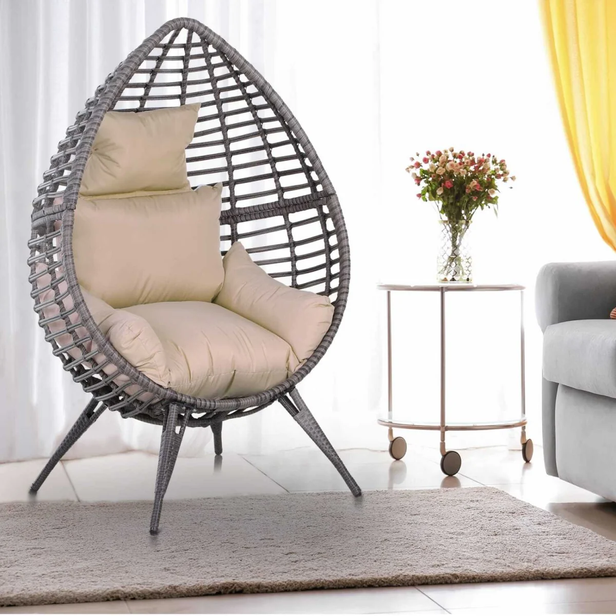 Elpale Grey Rattan Teardrop Egg Chair with Cream Cushion – image 7