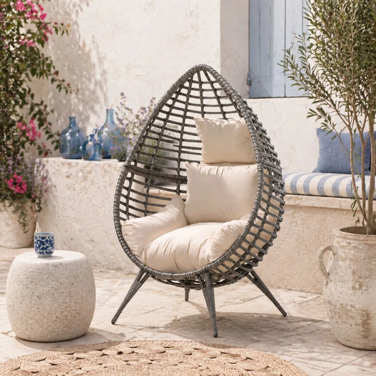 Elpale Grey Rattan Teardrop Egg Chair with Cream Cushion – image 1