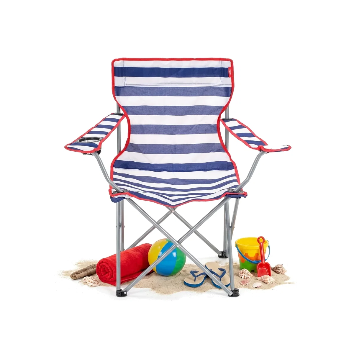 2 x Red & Blue Striped Folding Chair With Arm Rest & Cup Holder - BLUE – image 1