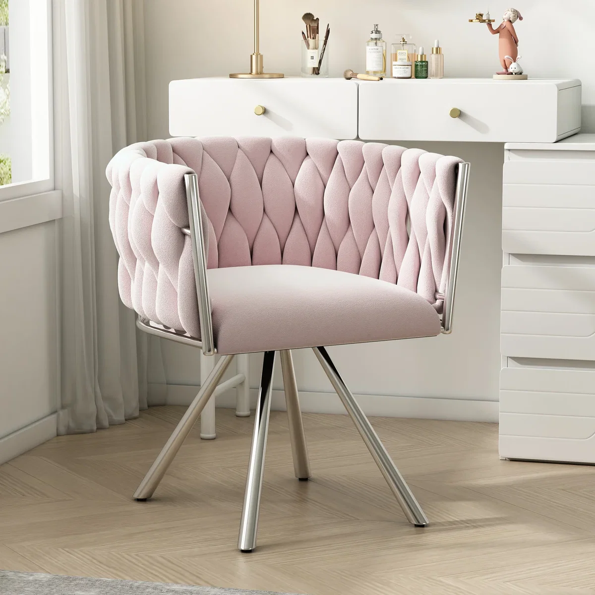 Velvet Luxurious Swivel Chair with Four Metal Legs, Pink - Pink – image 2