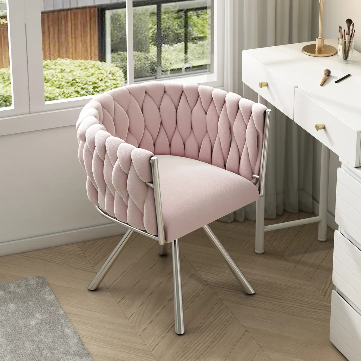 Velvet Luxurious Swivel Chair with Four Metal Legs, Pink - Pink – image 3