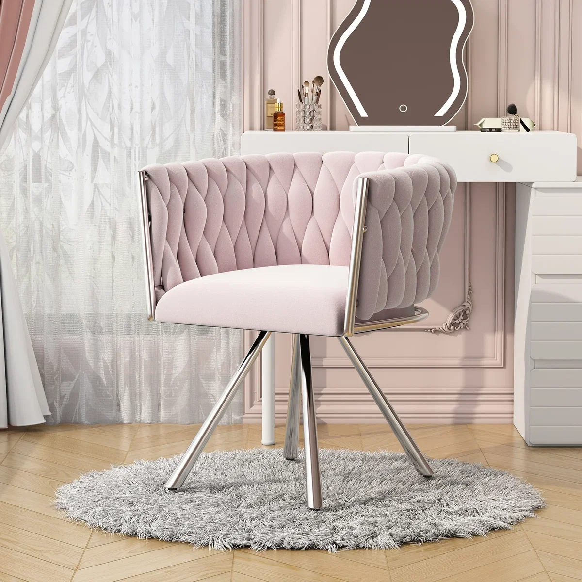 Velvet Luxurious Swivel Chair with Four Metal Legs, Pink - Pink – image 4