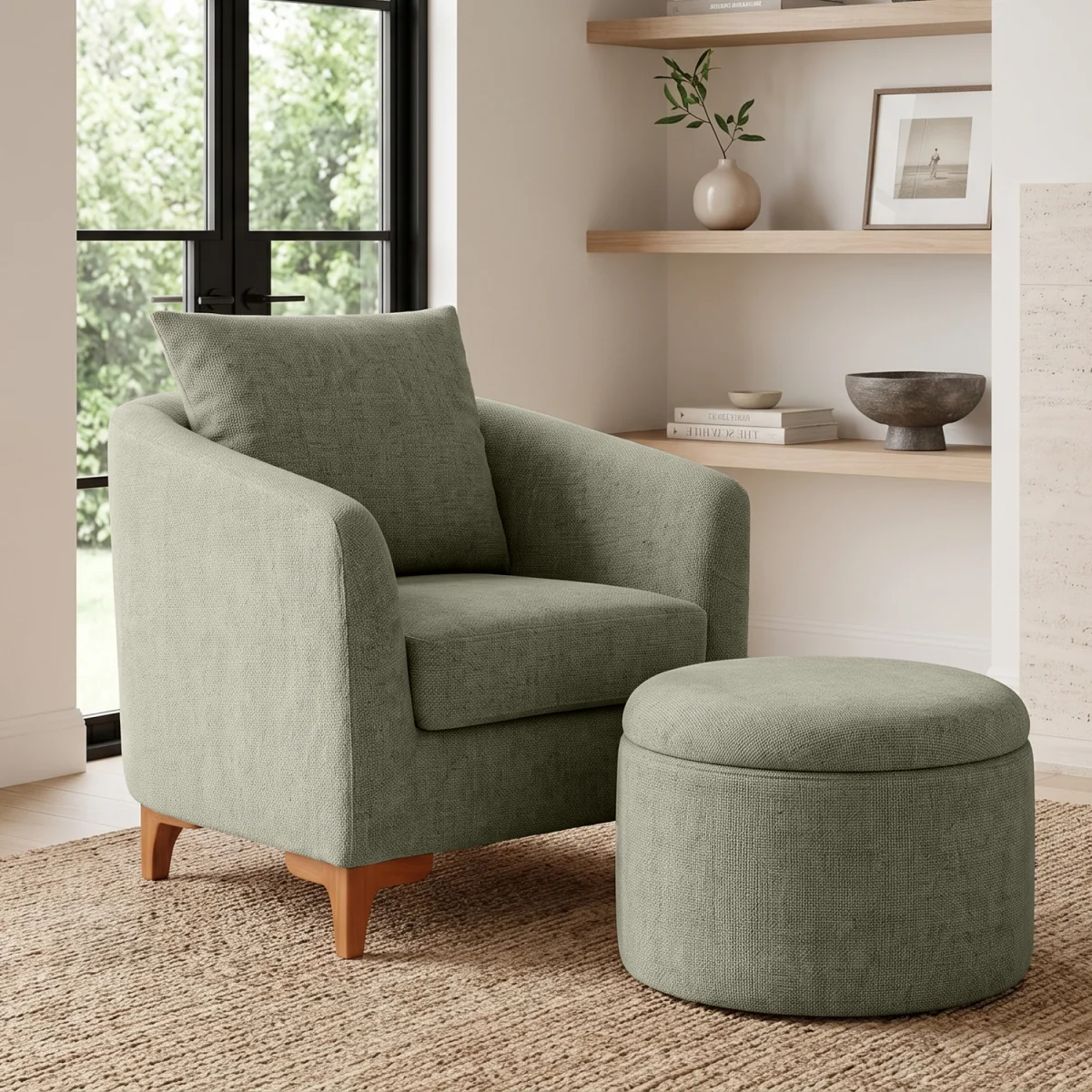 Sage Green Chenille Fabric Angela Accent Tub Chair with Ottoman - Sage Green – image 2