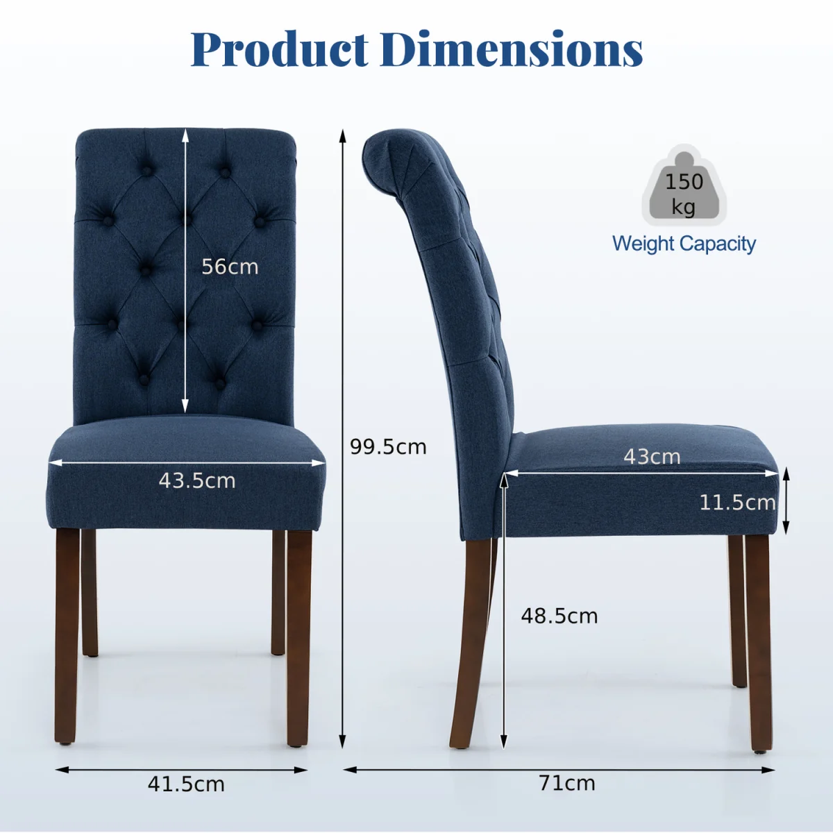 Set of 2 Pine Wood Frame Button Chairs with Padded Seat - Blue – image 2