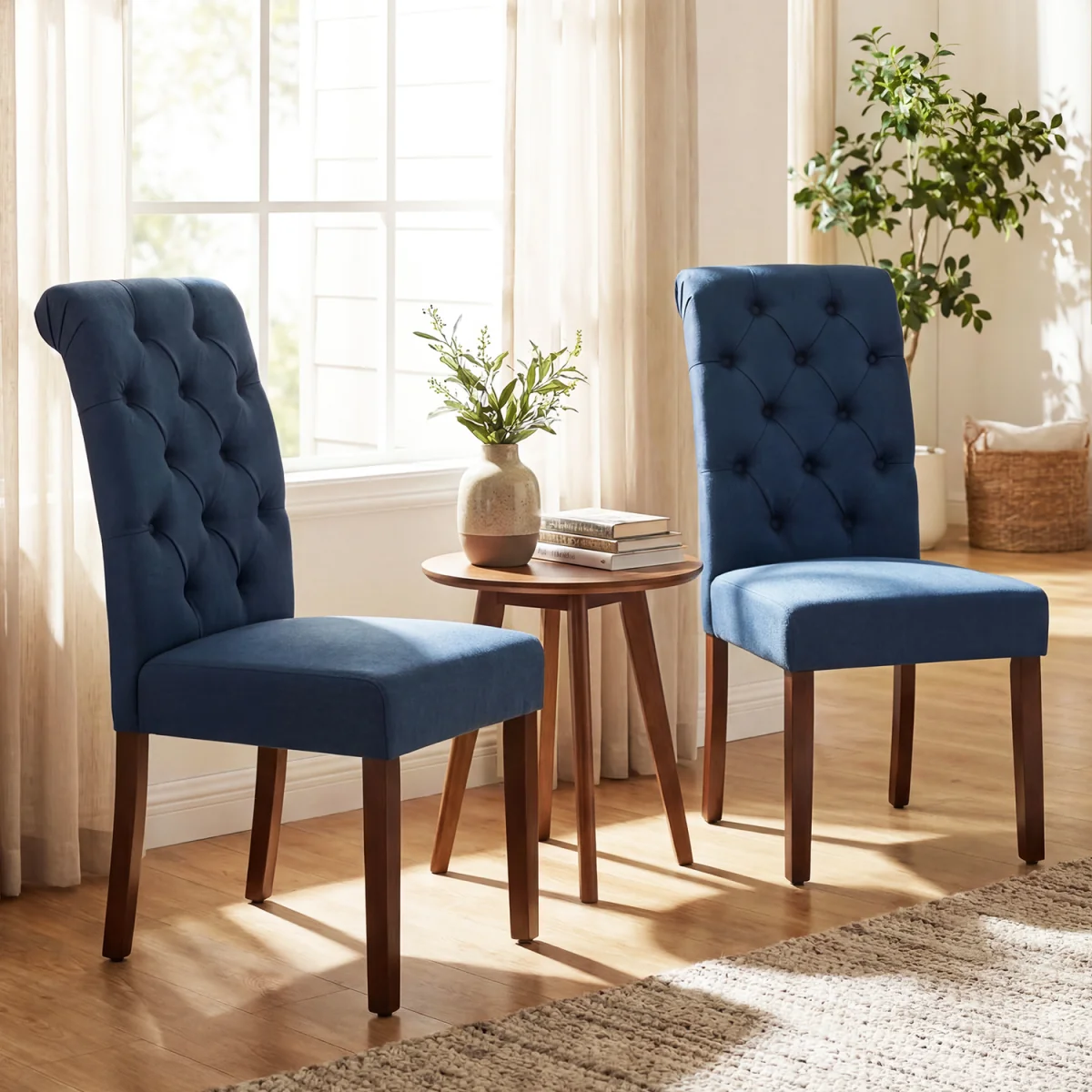 Set of 2 Pine Wood Frame Button Chairs with Padded Seat - Blue – image 3