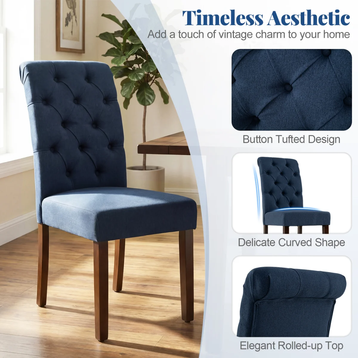 Set of 2 Pine Wood Frame Button Chairs with Padded Seat - Blue – image 4
