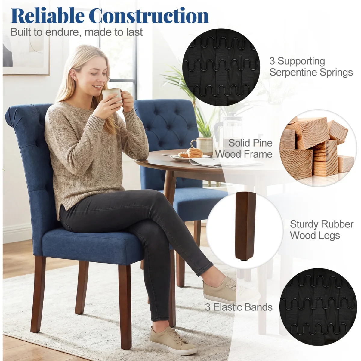Set of 2 Pine Wood Frame Button Chairs with Padded Seat - Blue – image 5