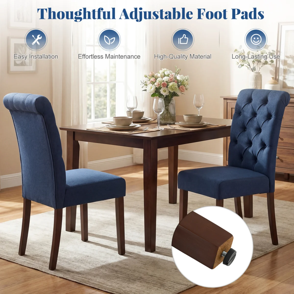 Set of 2 Pine Wood Frame Button Chairs with Padded Seat - Blue – image 6