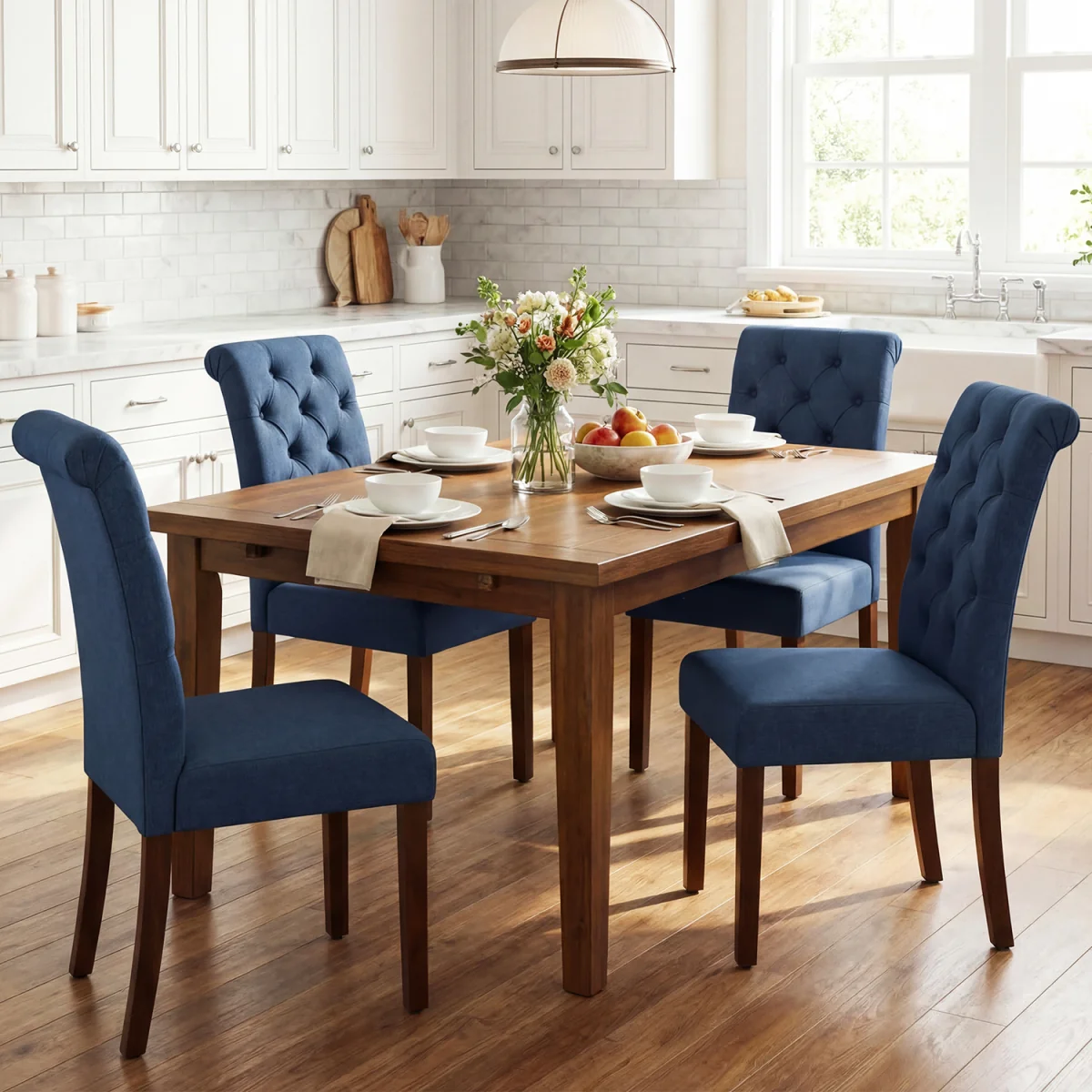 Set of 2 Pine Wood Frame Button Chairs with Padded Seat - Blue – image 7