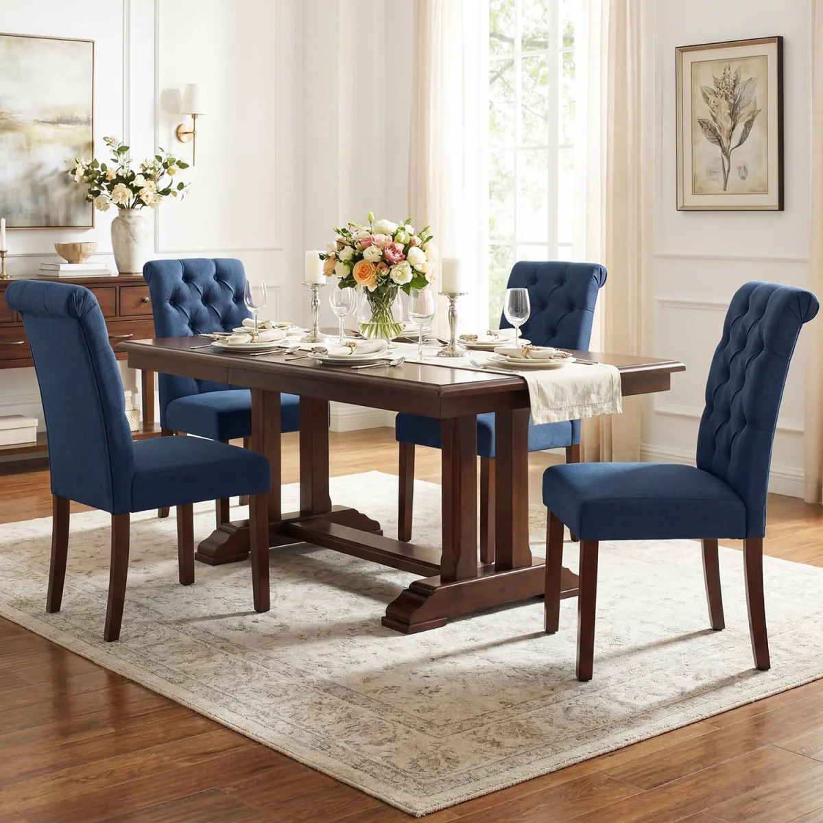 Set of 2 Pine Wood Frame Button Chairs with Padded Seat - Blue – image 8