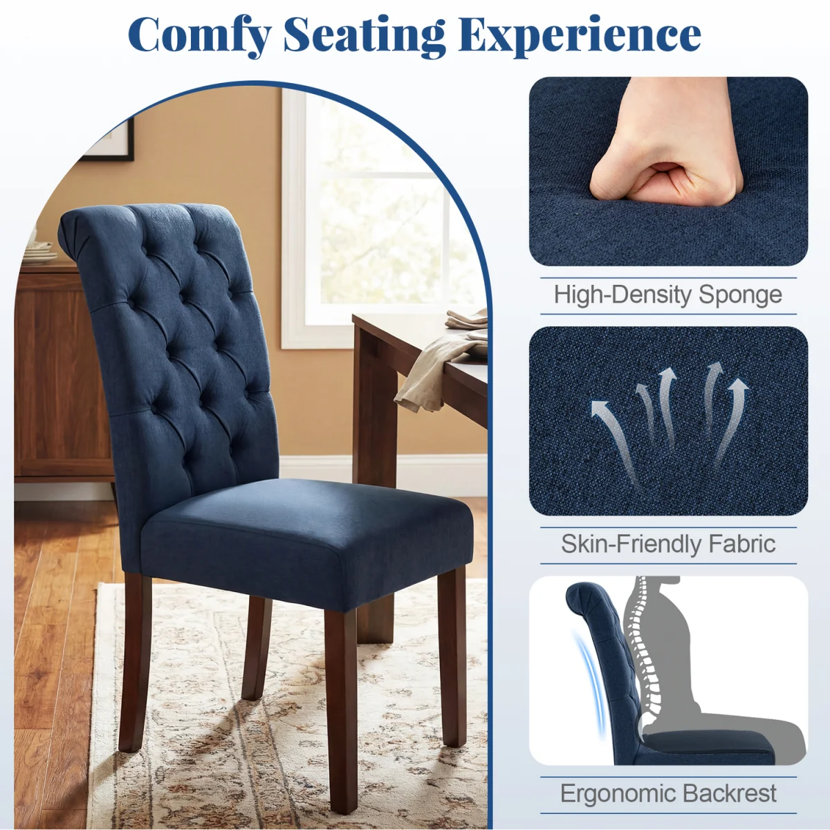 Set of 2 Pine Wood Frame Button Chairs with Padded Seat - Blue – image 9