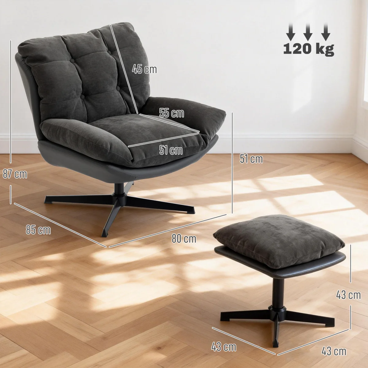 HOMCOM Accent Chair with Footstool, Modern Swivel Lounge Chair, Dark Grey - Dark Grey – image 3
