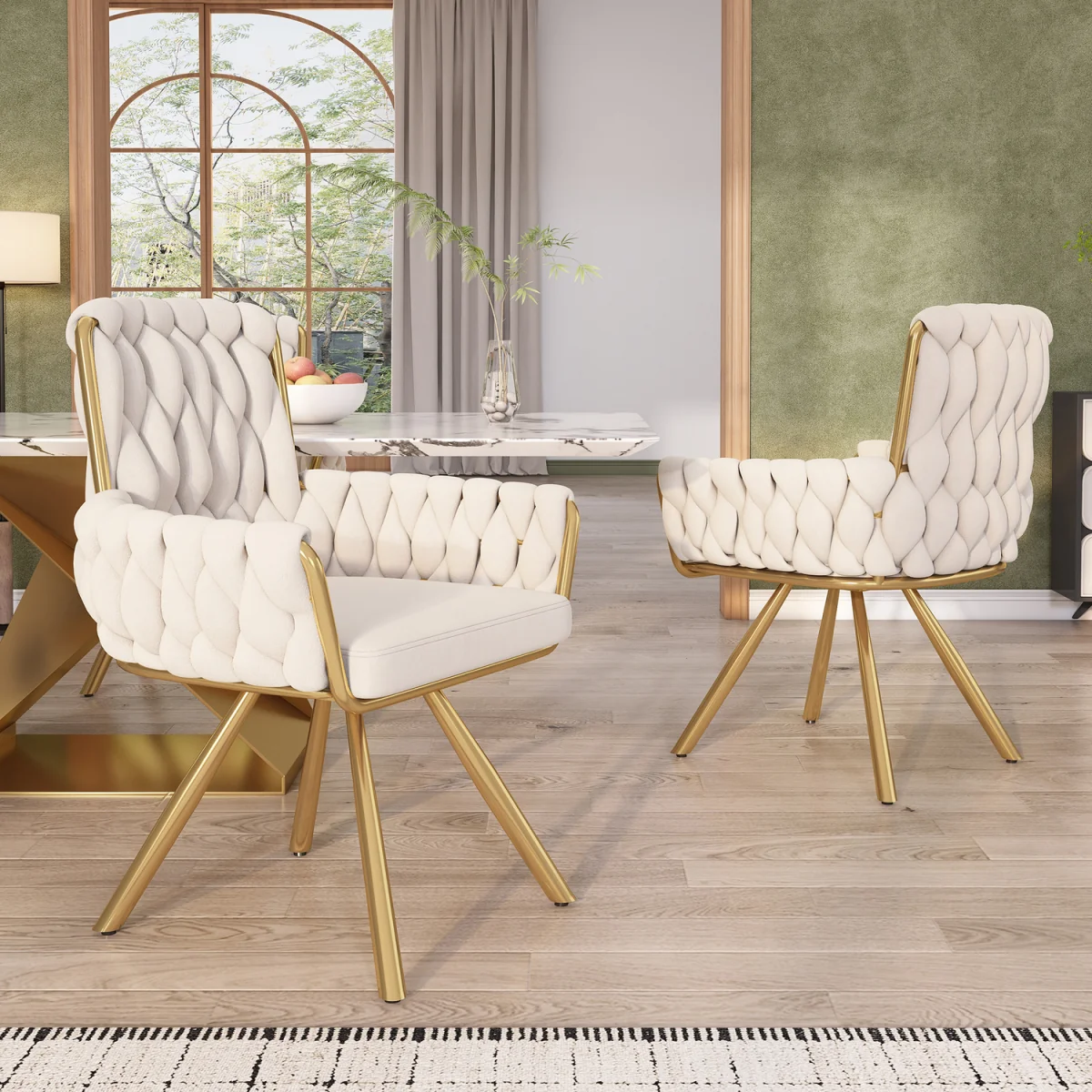 AKA Velvet Luxurious Swivel Chair with Four Metal Legs, Beige - Beige – image 2
