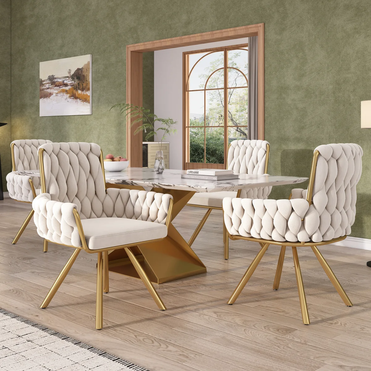 AKA Velvet Luxurious Swivel Chair with Four Metal Legs, Beige - Beige – image 5