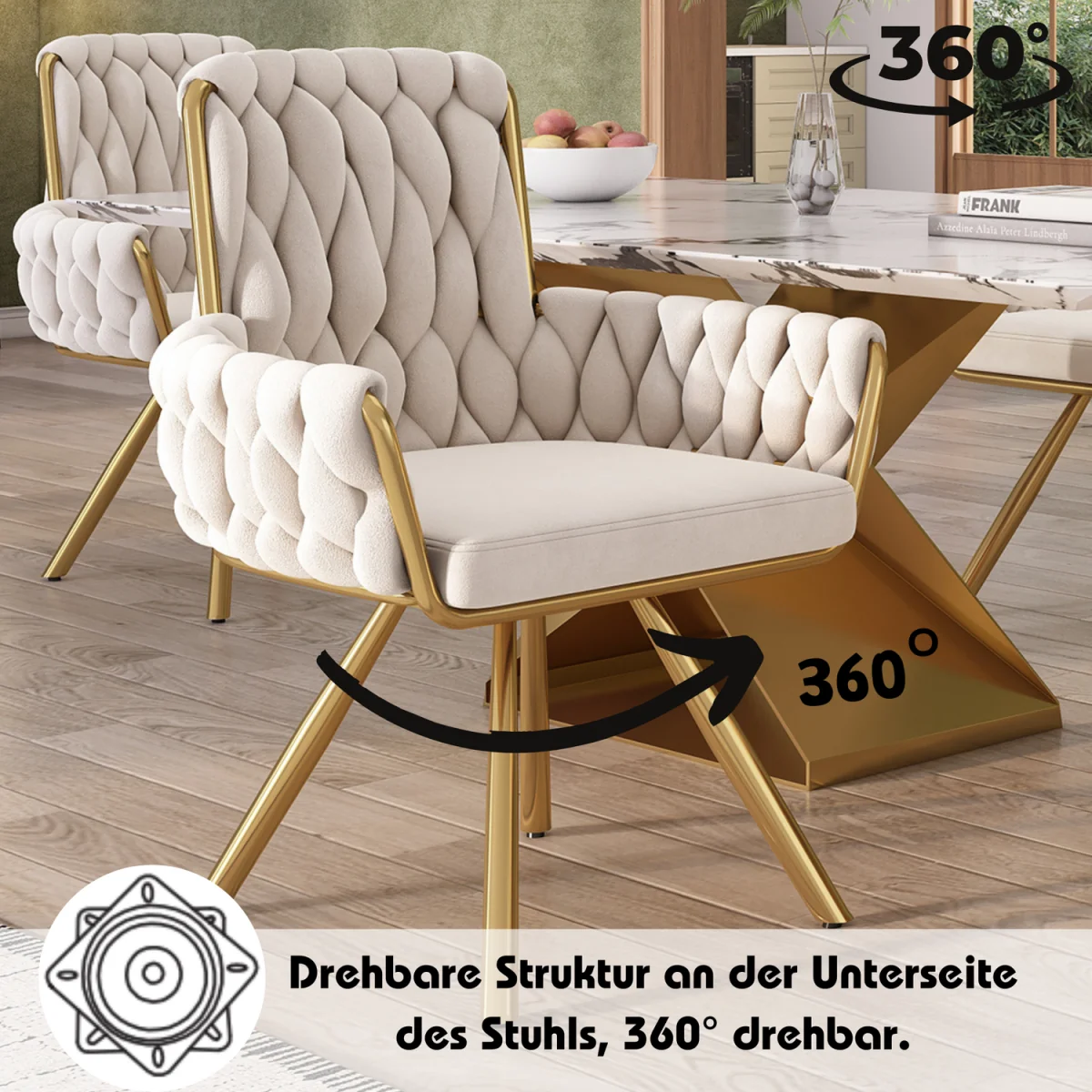 AKA Velvet Luxurious Swivel Chair with Four Metal Legs, Beige - Beige – image 6