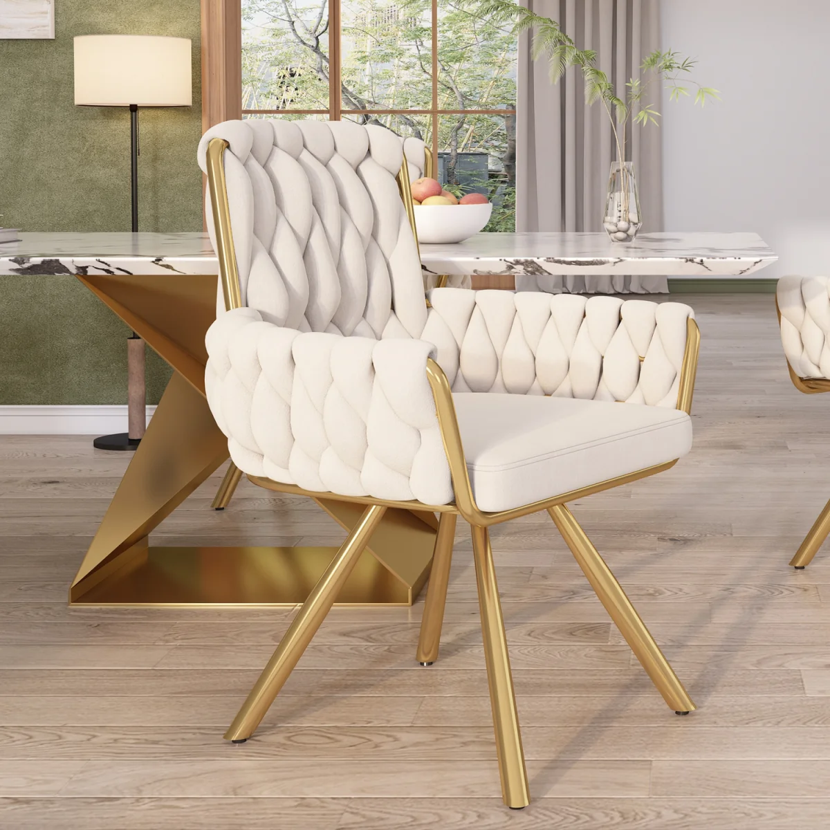 AKA Velvet Luxurious Swivel Chair with Four Metal Legs, Beige - Beige – image 1