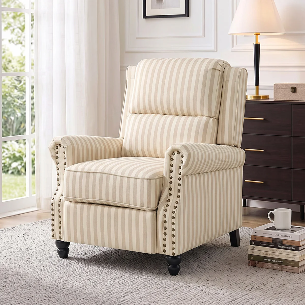 Recliner Chair with Footstool for Ultimate Comfort - Light Brown & Beige White – image 2