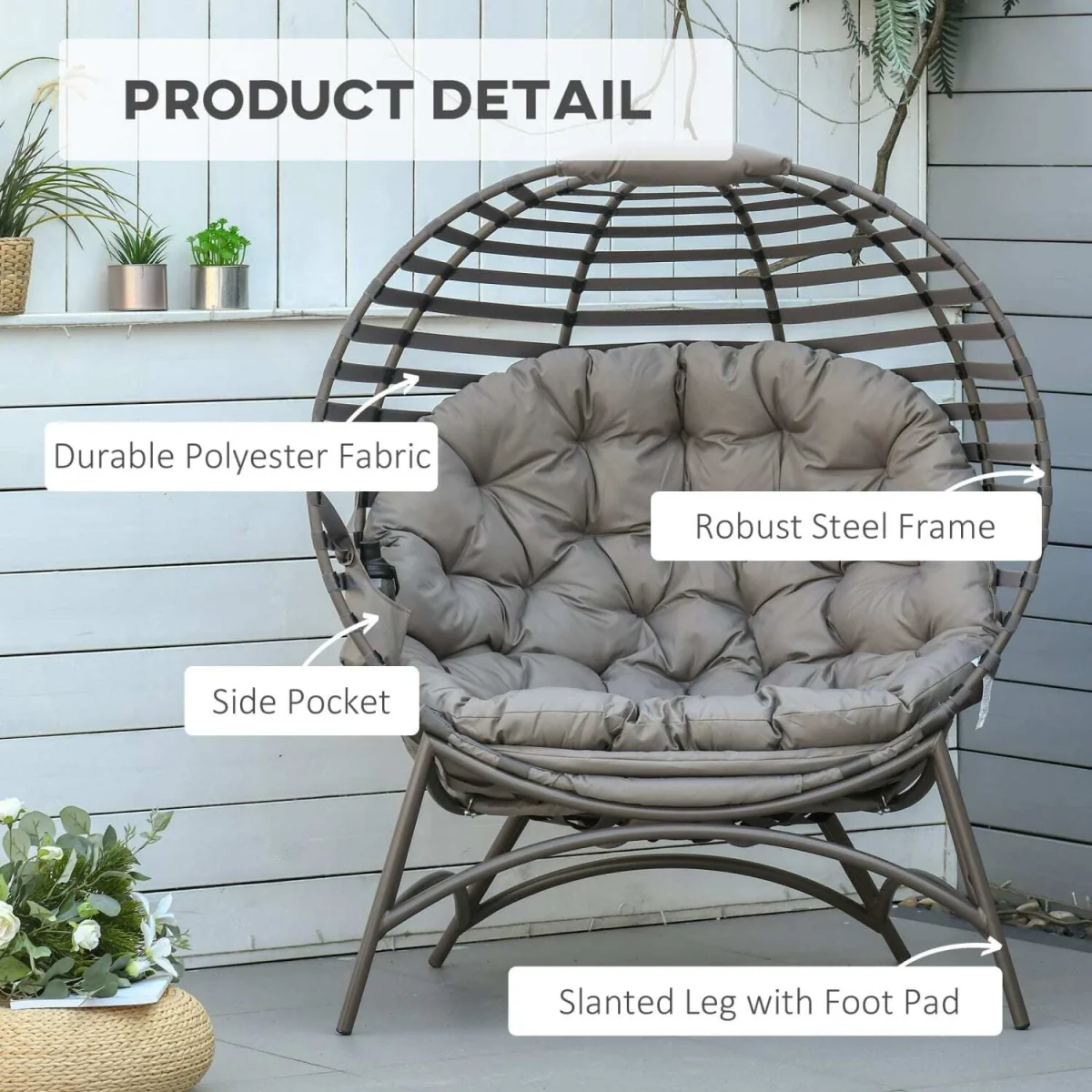 Refito Toma Sand Brown Egg Chair with Cushions and Side Pocket – image 6