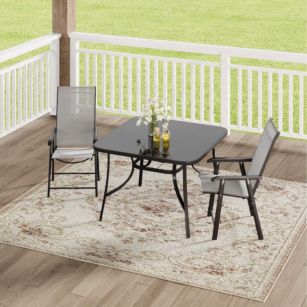 Tempered Glass Patio Table with 2 Folding Chairs - Black