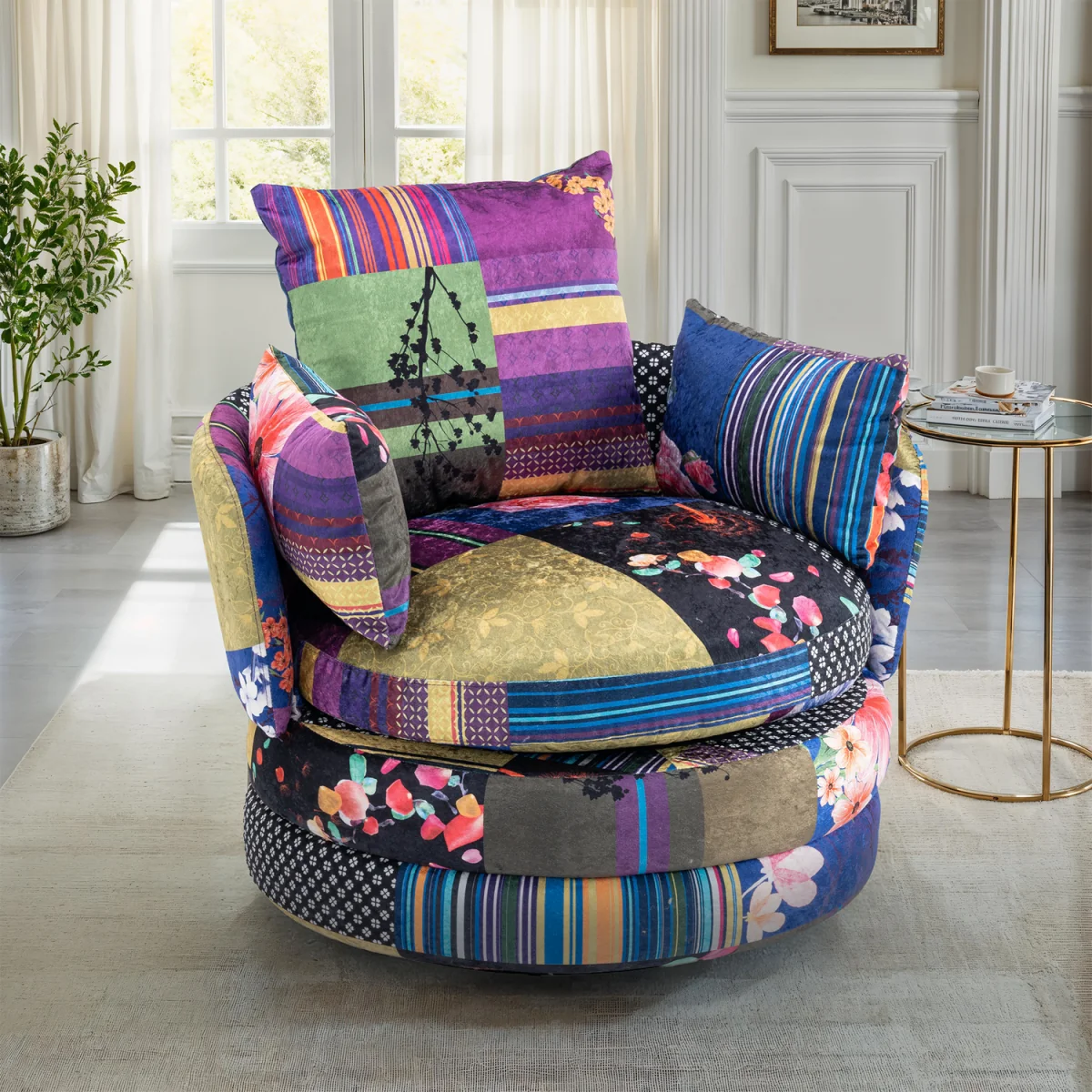 Fabric Multicoloured Patchwork Teri Accent Swivel Chair - Purple – image 2