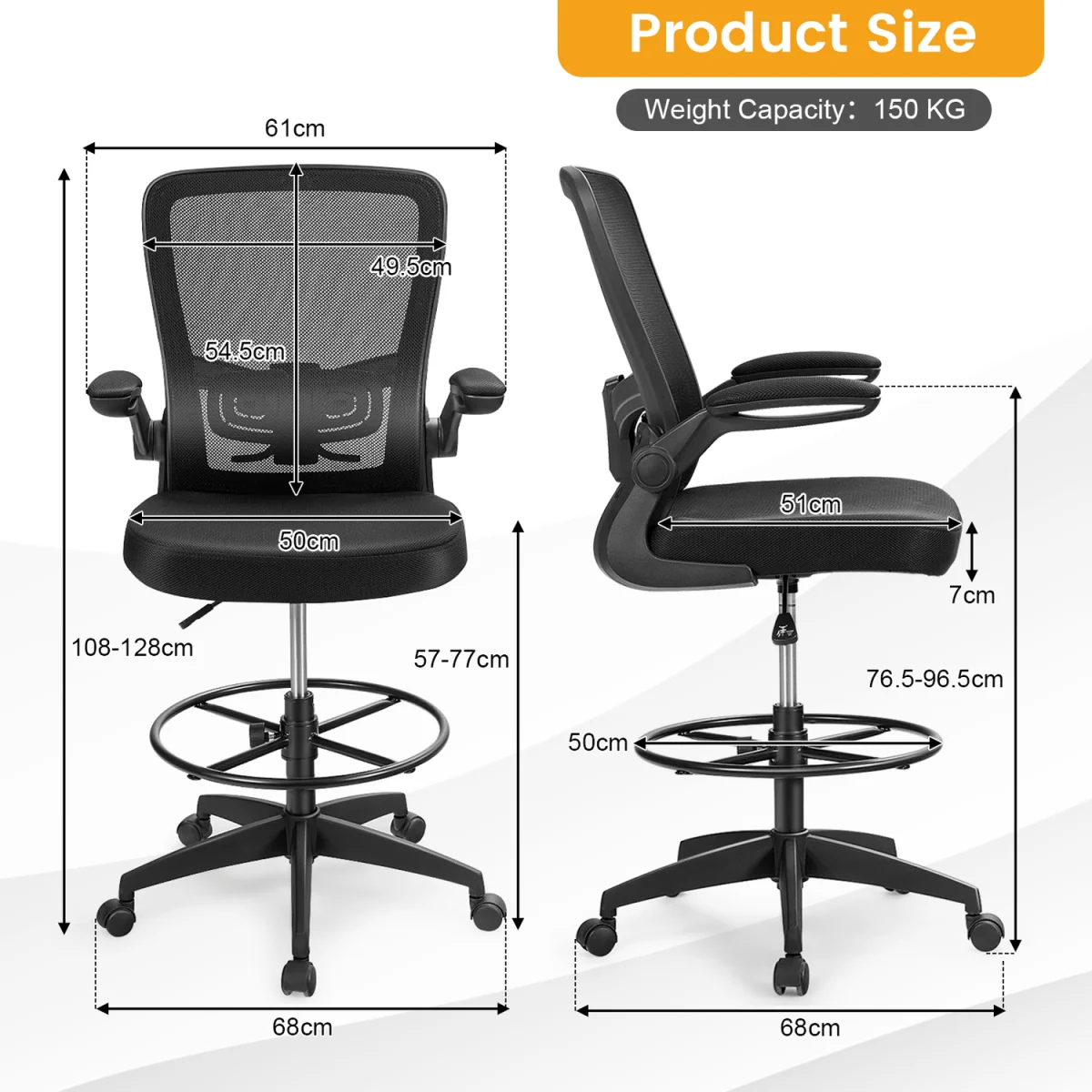Set of 2 Ergonomic Height Adjustable Drafting Chair - Black – image 2