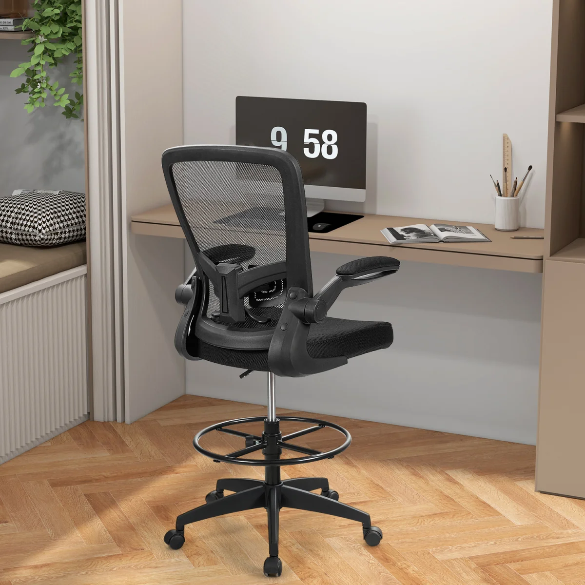 Set of 2 Ergonomic Height Adjustable Drafting Chair - Black – image 3