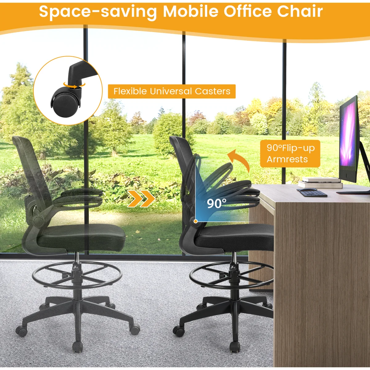 Set of 2 Ergonomic Height Adjustable Drafting Chair - Black – image 4