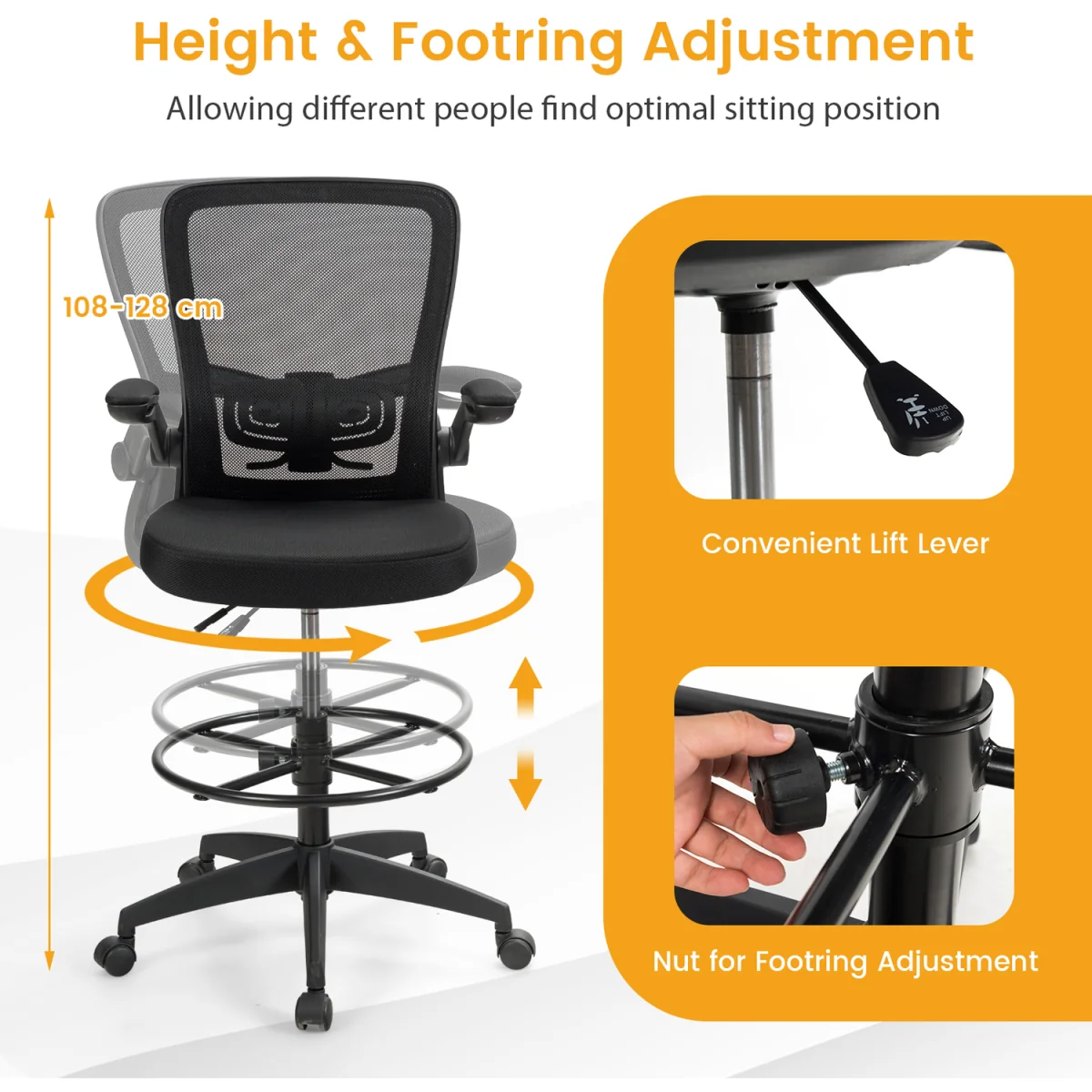 Set of 2 Ergonomic Height Adjustable Drafting Chair - Black – image 6