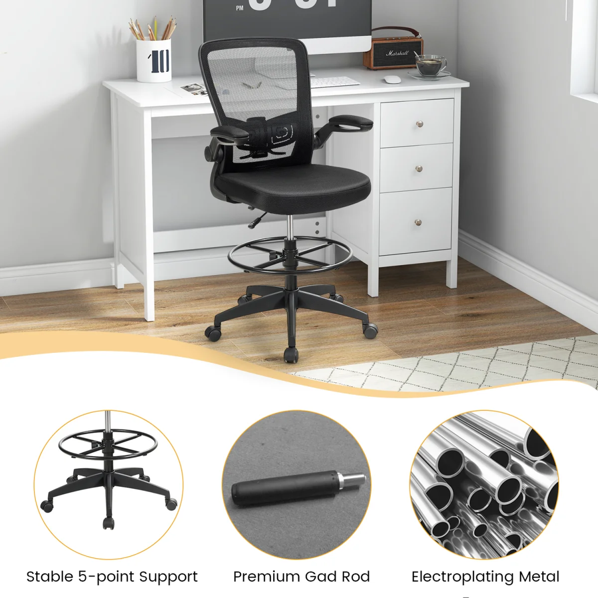 Set of 2 Ergonomic Height Adjustable Drafting Chair - Black – image 7