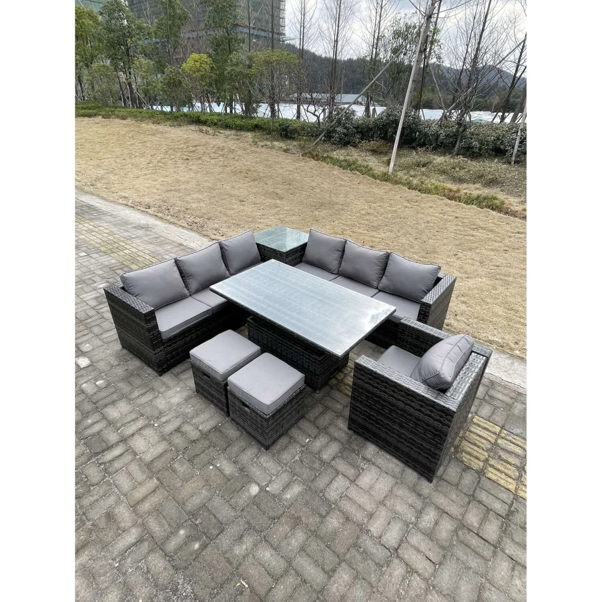 9 Seater PE Rattan Corner Sofa Set Arm Chair Stools - Dark Grey Mixed – image 2