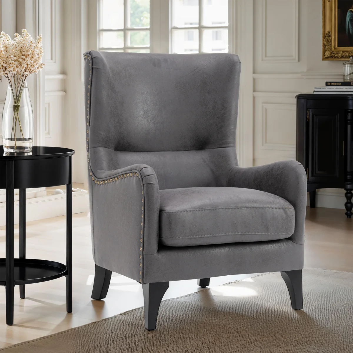 Faux Leather Suede Grey Segovia Accent Wingback Chair - Grey – image 2