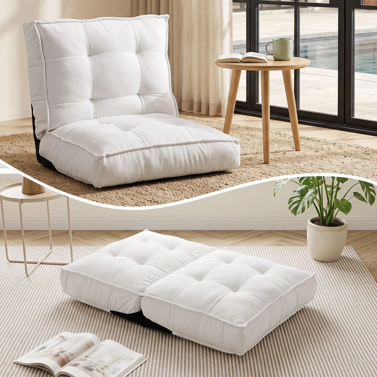Foldable Padded Chair with Reclining Backrest - White – image 5