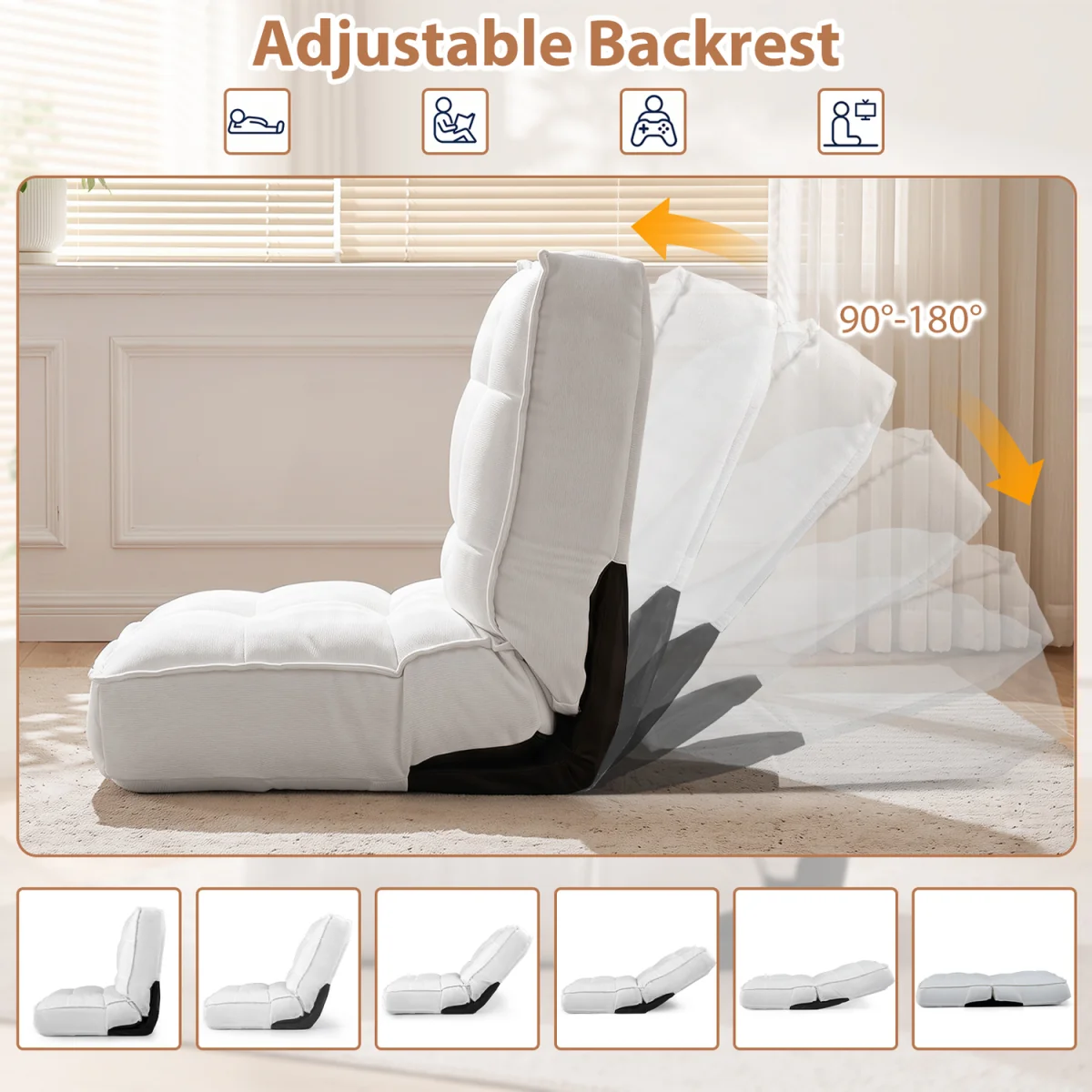 Foldable Padded Chair with Reclining Backrest - White – image 9