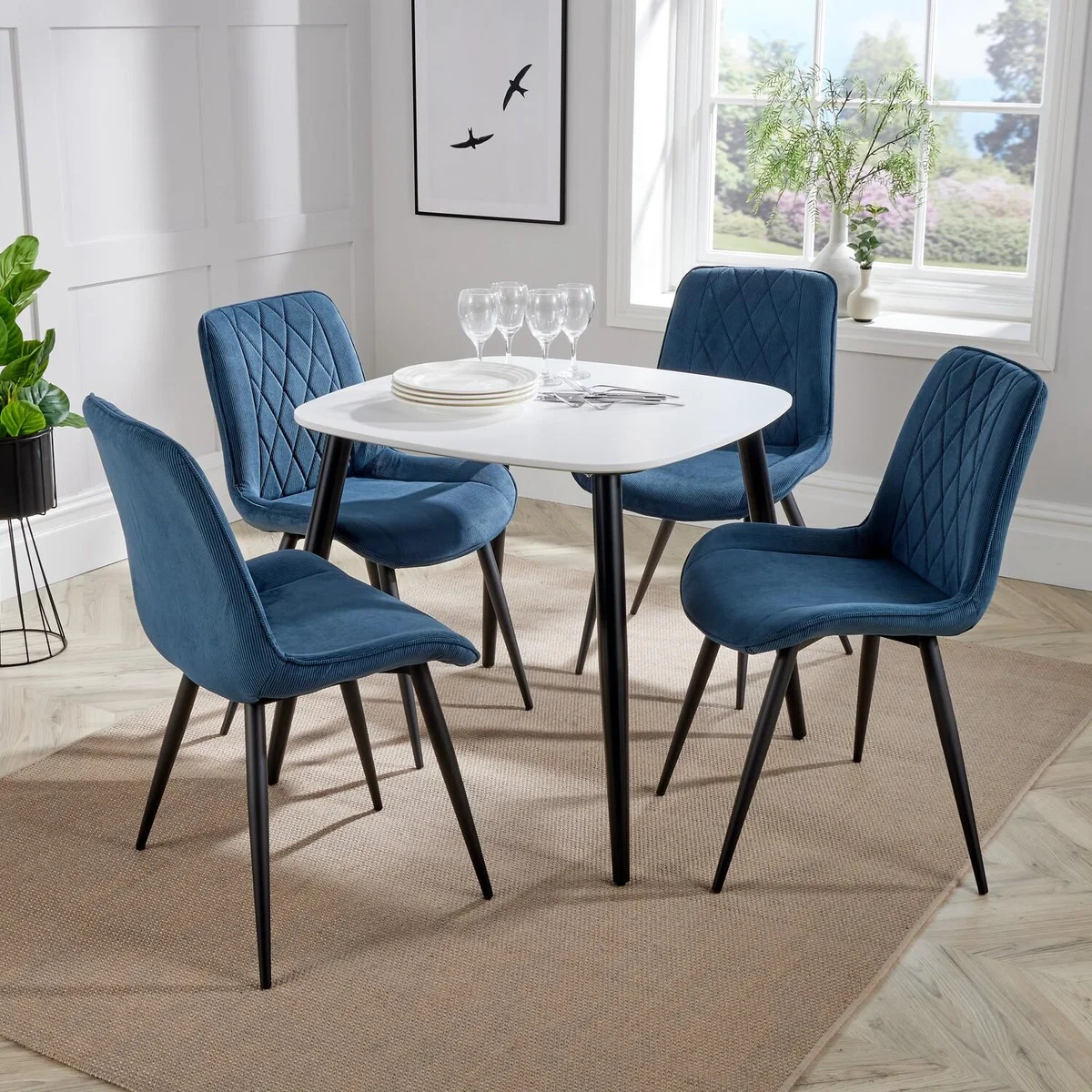 Aspen square table and 4 blue cord Diamond Stitch Chairs - Blue