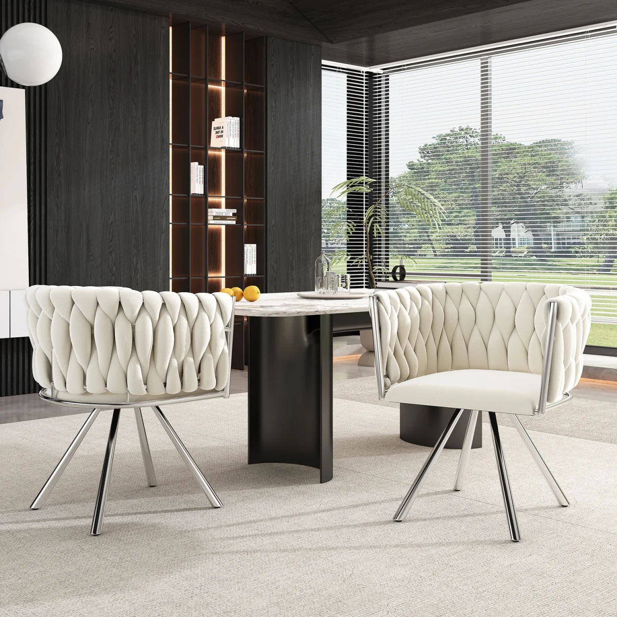 Velvet Luxurious Swivel Chair with Four Metal Legs, Beige & Silver, Set of 2 - Beige – image 2
