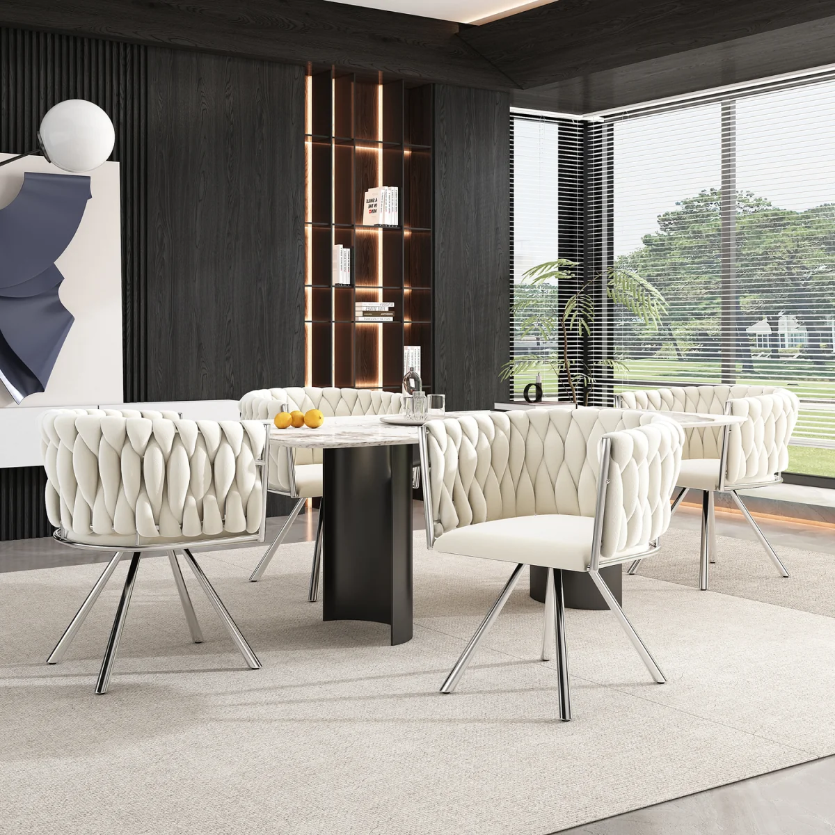 Velvet Luxurious Swivel Chair with Four Metal Legs, Beige & Silver, Set of 2 - Beige – image 3