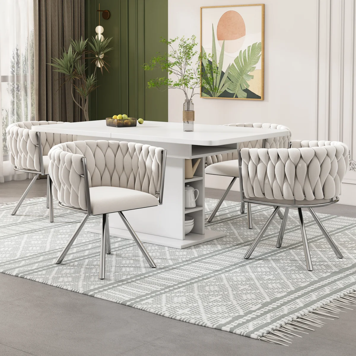 Velvet Luxurious Swivel Chair with Four Metal Legs, Beige & Silver, Set of 2 - Beige – image 4
