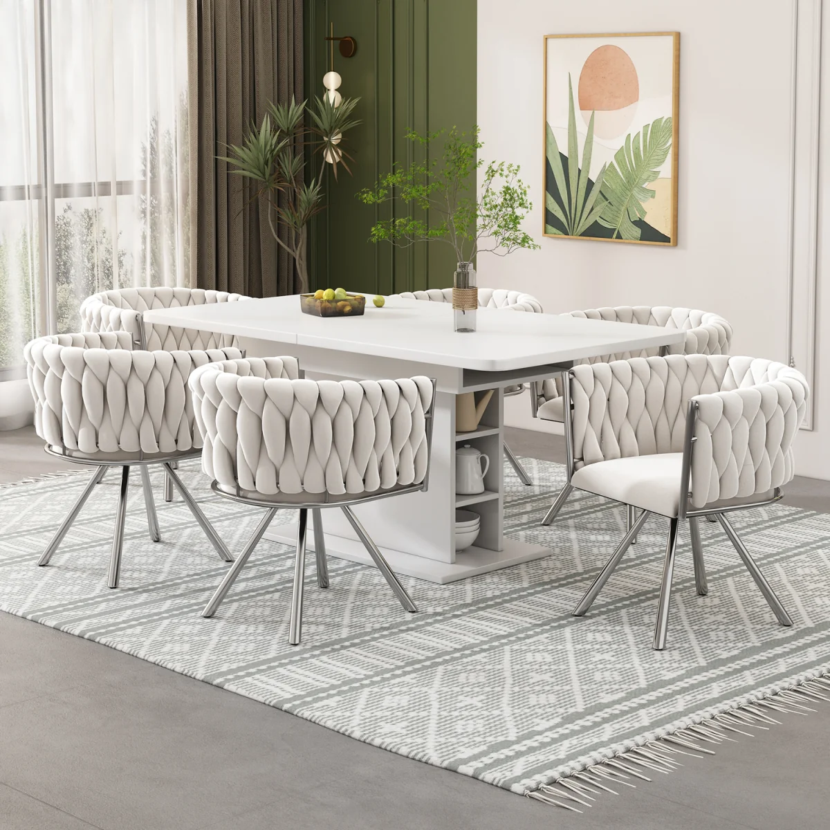 Velvet Luxurious Swivel Chair with Four Metal Legs, Beige & Silver, Set of 2 - Beige – image 6