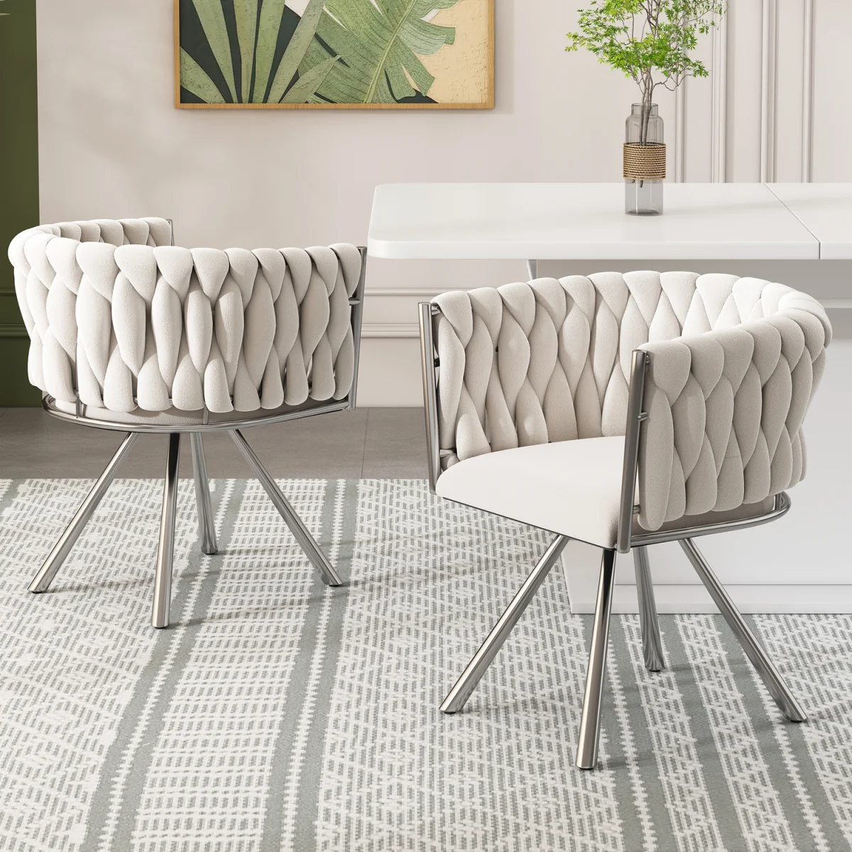 Velvet Luxurious Swivel Chair with Four Metal Legs, Beige & Silver, Set of 2 - Beige – image 1
