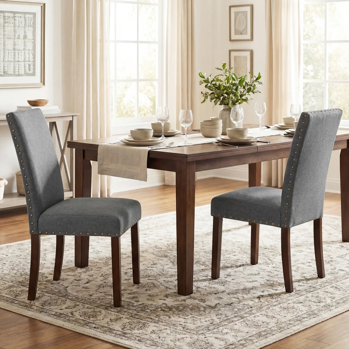 Set of 2 Solid Rubber Wood Upholstered Dinner Chairs - Grey – image 2