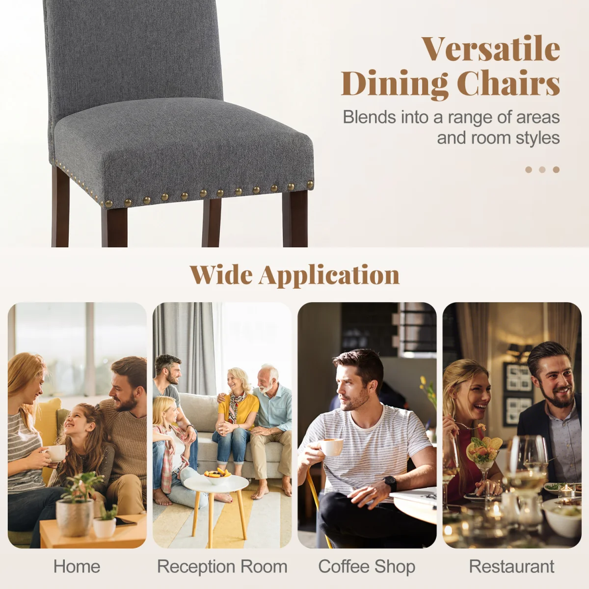 Set of 2 Solid Rubber Wood Upholstered Dinner Chairs - Grey – image 5