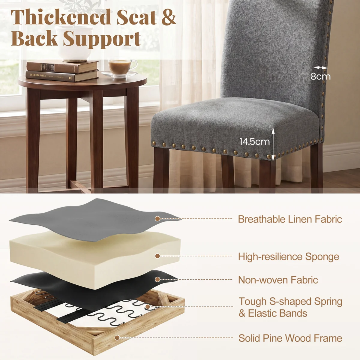 Set of 2 Solid Rubber Wood Upholstered Dinner Chairs - Grey – image 7